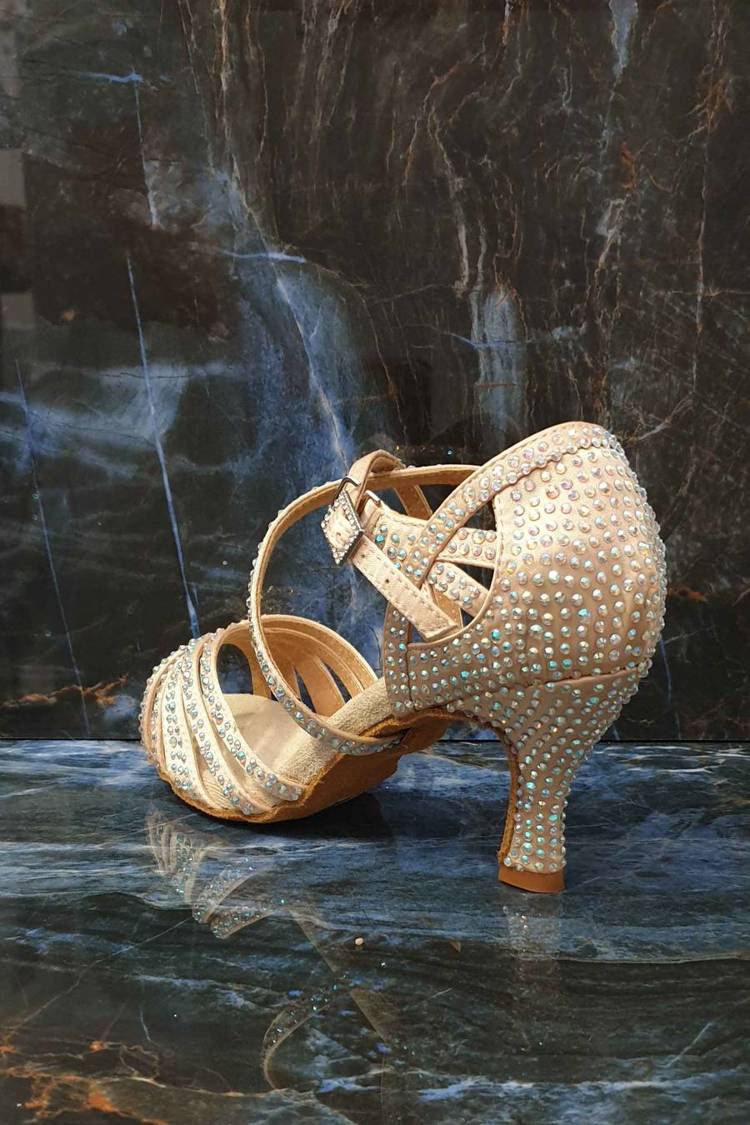  Latin dance shoes with crystals, for wedding, satin and natural leather wedding, nude color, heel 7,5 cm flare, Darling Crystal.
